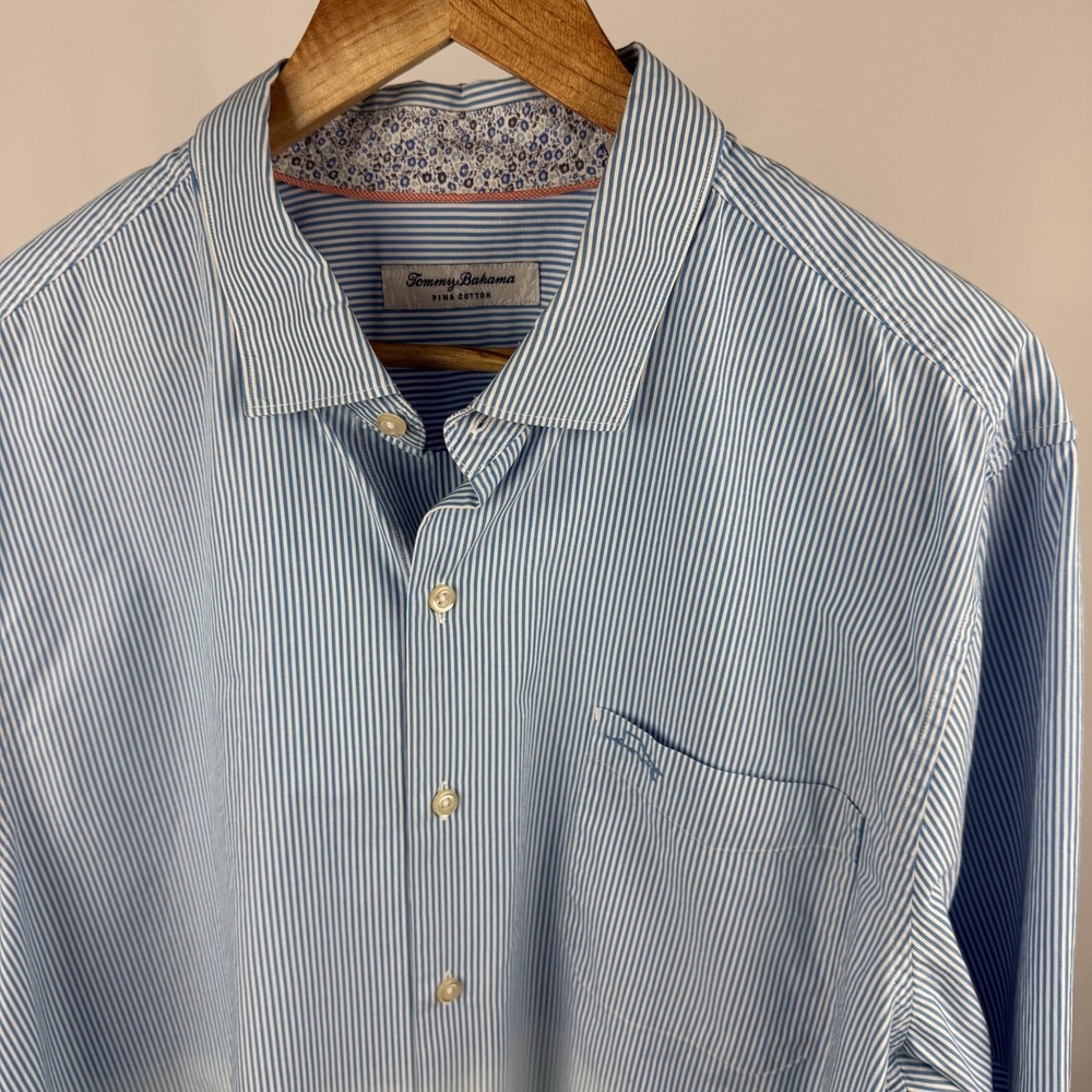 Tommy Bahama Mens X-Large Pima Cotton Button Up Shirt‎ Blue Striped